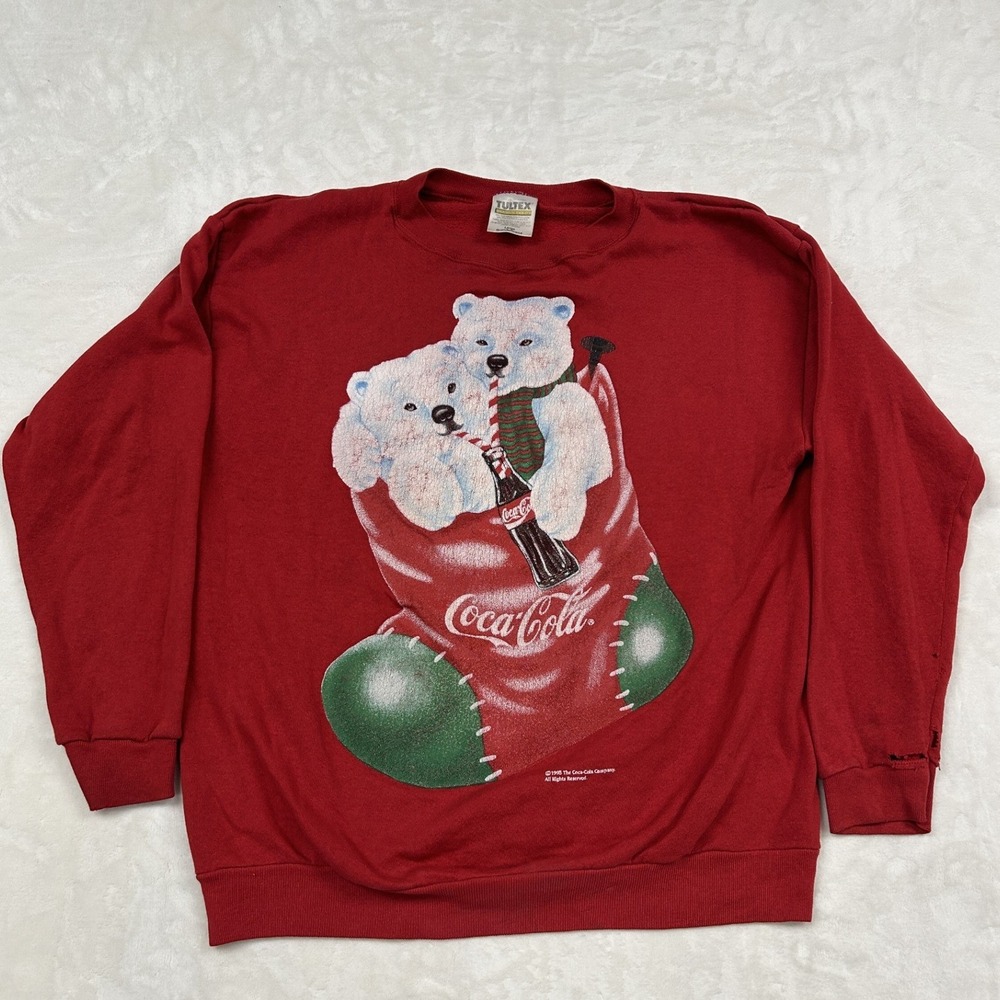 Tultex Coca-Cola Sweatshirt Unisex Large Red Vintage 1995 Polar Bear Stocking